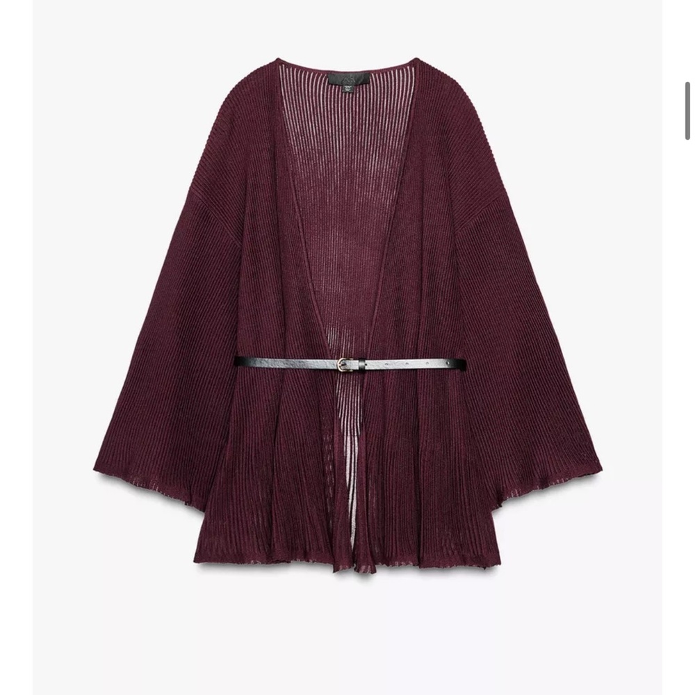 Zara Ribbed Knit Cardigan With Belt Size Large NWT Maroon